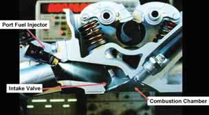 Internal combustion engine diagram show casing the port fuel injector, intake valve and combustion chamber